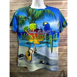 Jimmy Buffett All Over Print Shirt Size Large Dye sub poly/spandex Parrot guitar